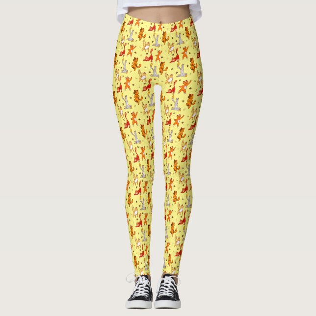 Legging Gatos Praticam Yoga Padrão Pale Amarelo (Frente)