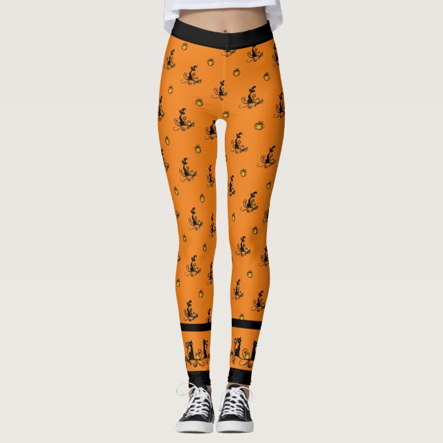 Legging Gatos Pretos De Bruxas De Halloween - Laranja (Frente)