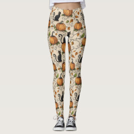 Legging Gatos Pretos e Padrão de Halloween de Abóboras