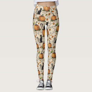 Legging Gatos Pretos e Padrão de Halloween de Abóboras