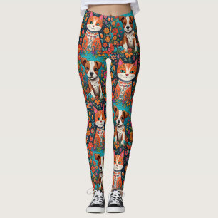 Legging Gatos Whimsical e Cachorros com Flores de Arte Fol