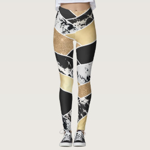 Legging Geométrico Dourado do Mármaco Branco Negro Moderno