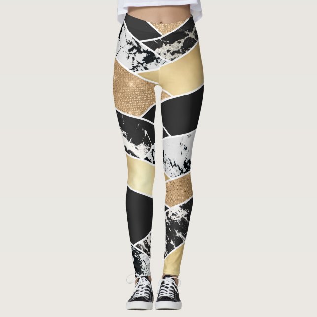 Legging Geométrico Dourado do Mármaco Branco Negro Moderno (Frente)