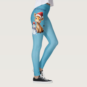 Legging Girafa de Cartoon Bonita com Santa Hat e Snowman