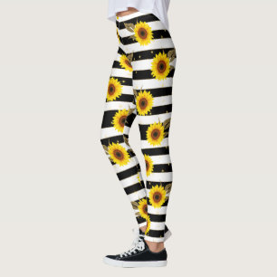 Legging Girassóis com Linhas Horizontais Pretas e Brancas