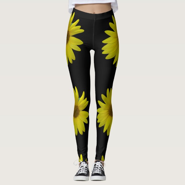 Legging Girassol Amarelo sobre fundo preto (Frente)