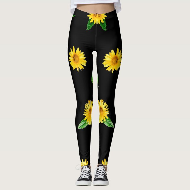 Legging Girassol amarelo sobre fundo preto escuro (Frente)