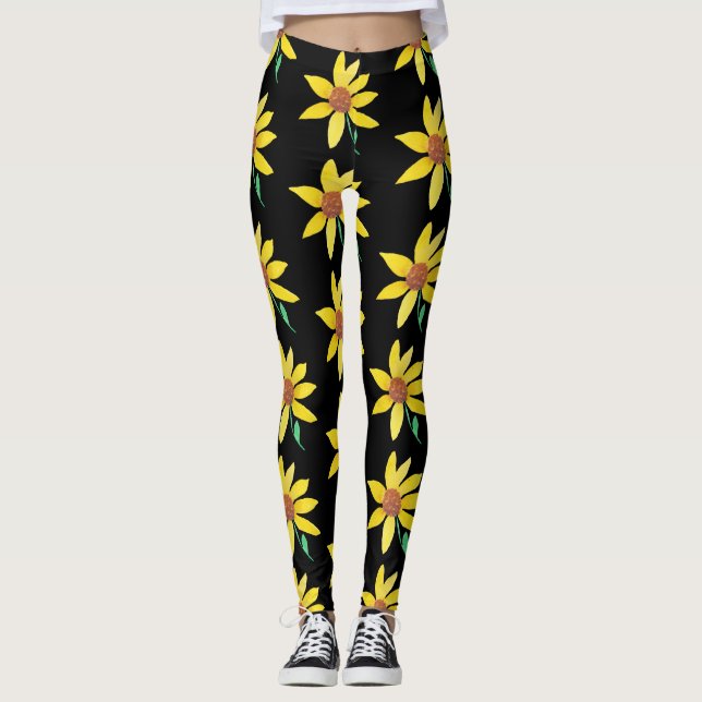 Legging Girassol Floral Vibrante Aquarela Pintado à Mão (Frente)