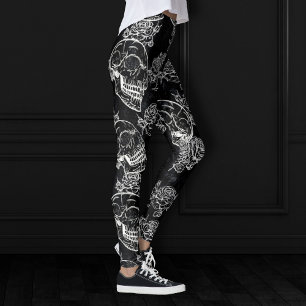 Legging Giz Rosa do crânio   Funky Black Gótica White Gr