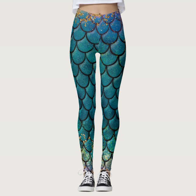 Legging Glam Smermaid Fish Scalle Teal Purple Dourado Spar (Frente)