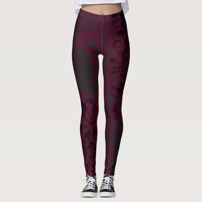 Legging Glama Gótico de Jardim Negro e Borgonha (Frente)