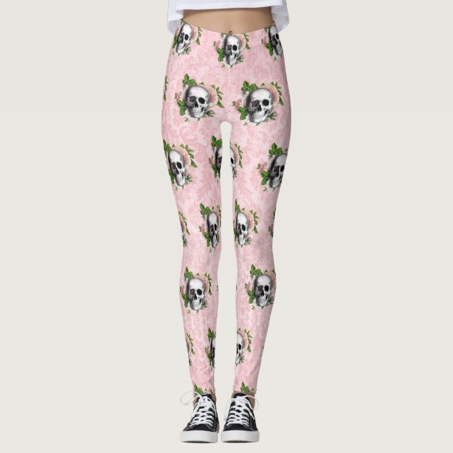 Legging Glama Gótico Vitoriano Rosa, Esqueleto e Damasco (Frente)