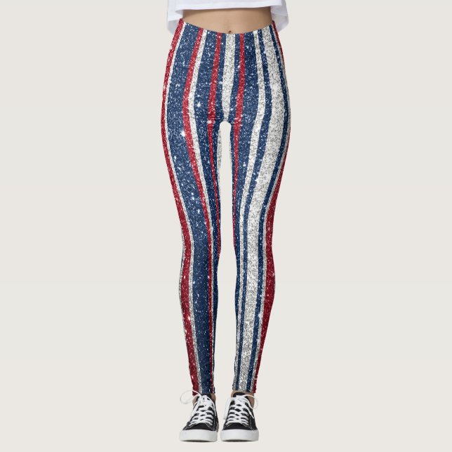 Legging Glitter Azul Branco Vermelho Stripes Tendência Yog (Frente)