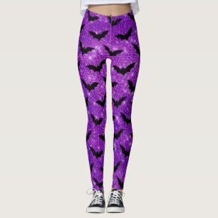 Legging Glitter Brilho Roxo e Morcegos Pretos Halloween