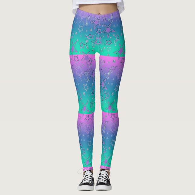 Legging Glitter de gradiente natalício brilhando estrelas  (Frente)