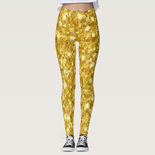 Legging Glitter de Grelha de Grelha Metálica Dourada (Frente)