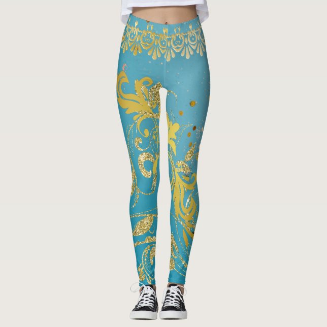 Legging Glitter de Teal Girly Dourado Azul (Frente)