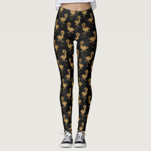 Legging Glitter Dourado Elegante Flamingo Exótico Glam