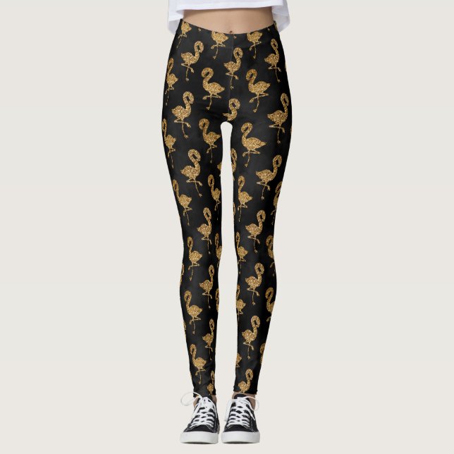 Legging Glitter Dourado Elegante Flamingo Exótico Glam (Frente)