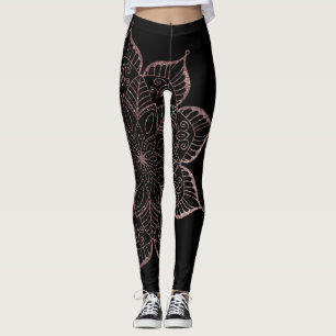 Legging Glitter Dourado Faux Glitter Mandala, Rosa, preto