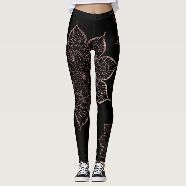 Legging Glitter Dourado Faux Glitter Mandalas Preto com Ro (Frente)