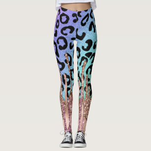 Legging Glitter Dourado rosa e Rainbow Leopard Print Yoga
