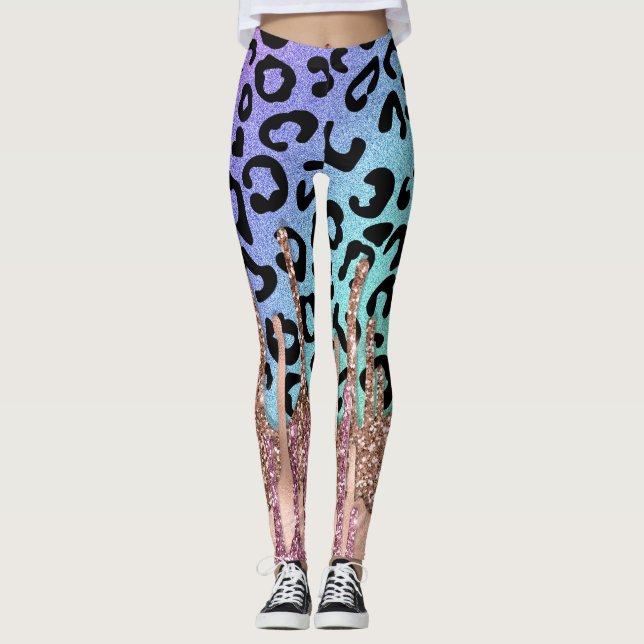 Legging Glitter Dourado rosa e Rainbow Leopard Print Yoga (Frente)