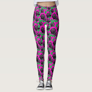 Legging Glossy Black Roses On A Hot Pink Background