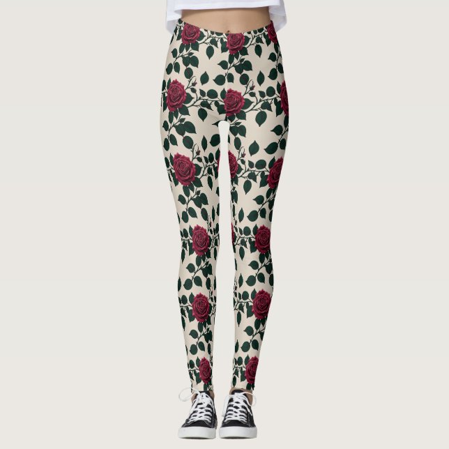 Legging Glossy Crimson Roses With Dark Green Leaves (Frente)