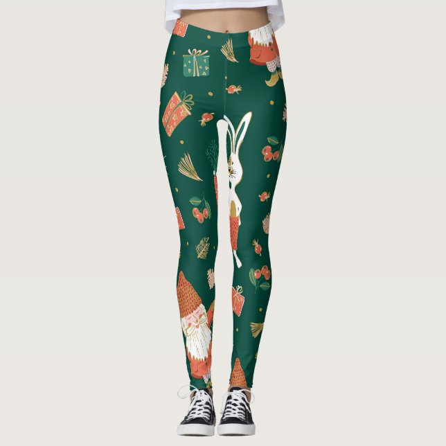Legging Gnomos de Natal, Padrão de Feriado Bunny. (Frente)