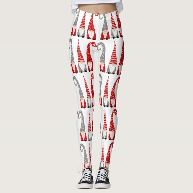 Legging Gnomos de Natal Vermelho Cinza Padrão de Feriado (Frente)