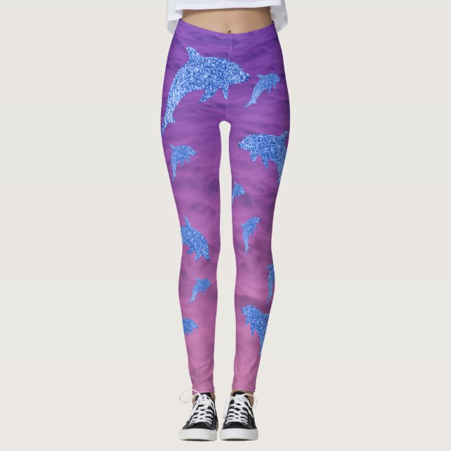 Legging Golfinho De Brilho Azul No Mar Rosa E Roxo (Frente)
