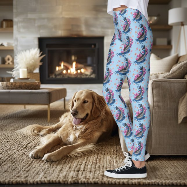 Legging Golfinhos Flores de Lotus Cerejeiros (Criador carregado)