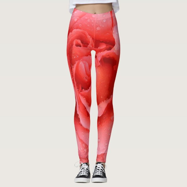 Legging Gotas de água de rosa vermelha romântica (Frente)