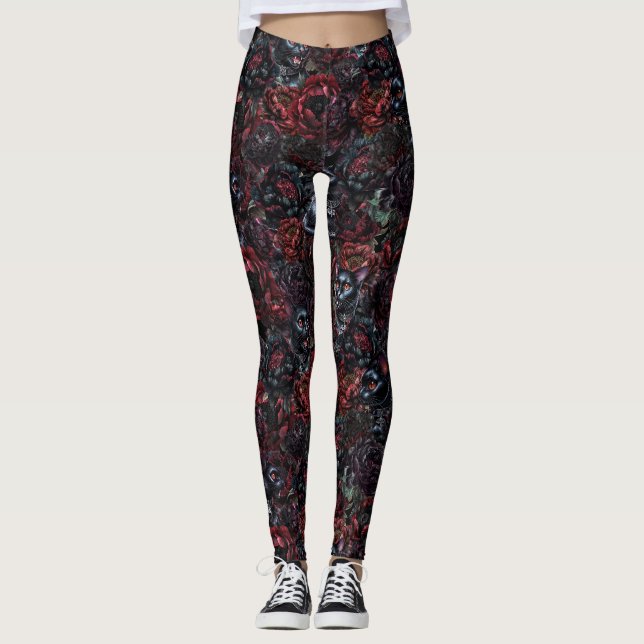 Legging Gothic Black Cat & Dark Flowers Pattern (Frente)