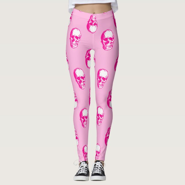 Legging gótica do crânio rosa-halloween (Frente)