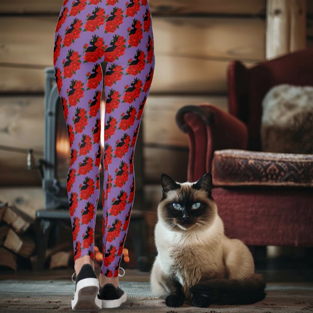 Legging Gótico Gato Preto Rosas Vermelhas Roxo (Criador carregado)