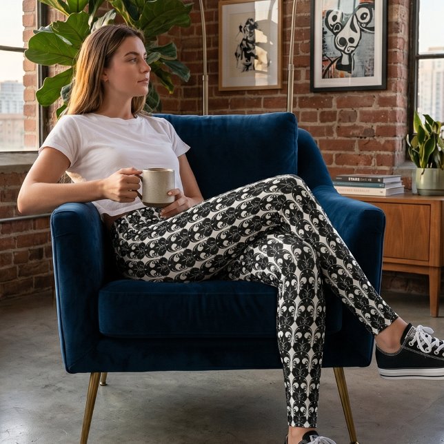 Legging Gótico Preto e Branco Fleur-de-Lis (Criador carregado)