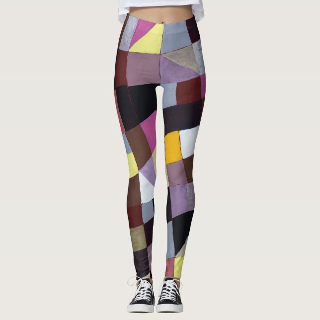 Legging Grade Irregular: pintura Abstrato violeta-amarela. (Frente)