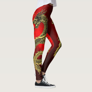 Legging Gradiente Vermelho de Dragões Dourados Pretos
