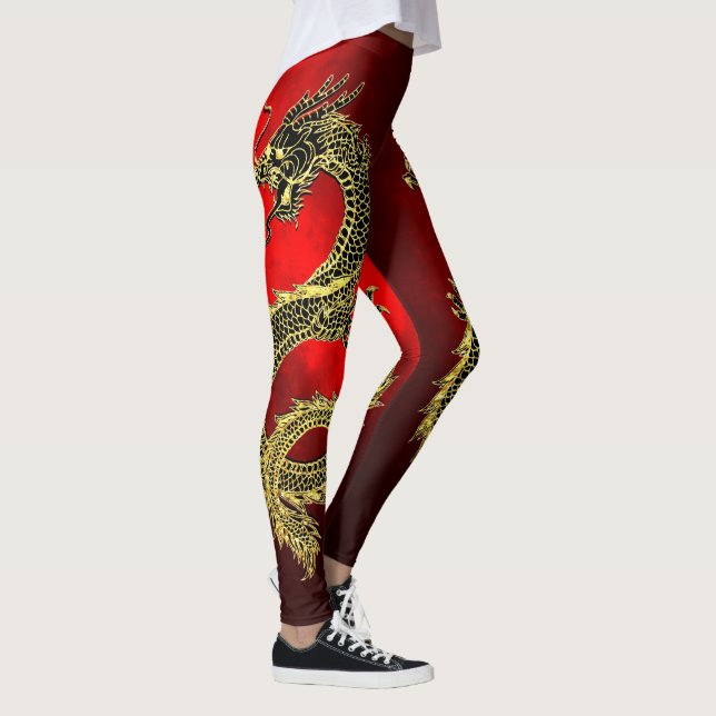 Legging Gradiente Vermelho de Dragões Dourados Pretos (Direita)