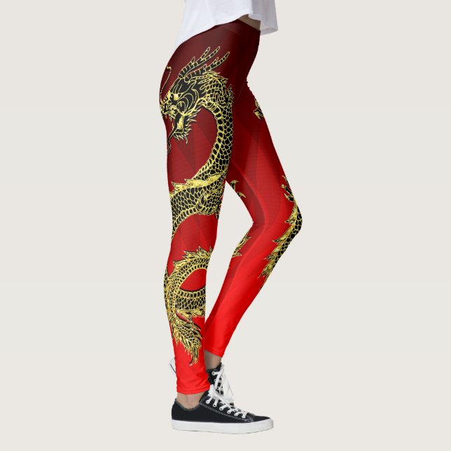 Legging Gradiente Vermelho de Dragões Dourados Pretos (Direita)