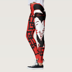Legging gráfico vermelho branco do preto japonês da menina
