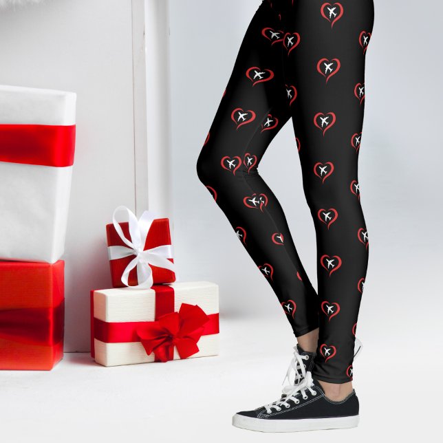 Legging Grande Coração Vermelho com Avião Branco, Preto Si (Criador carregado)