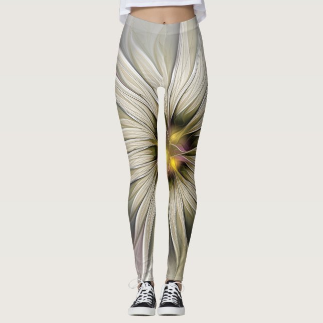 Legging Grande Flor de Marfim, Abstrato Moderna Arte Fract (Frente)