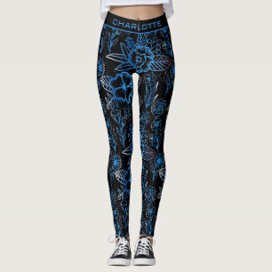 Legging Grande floral padrão floral nome personalizado azu