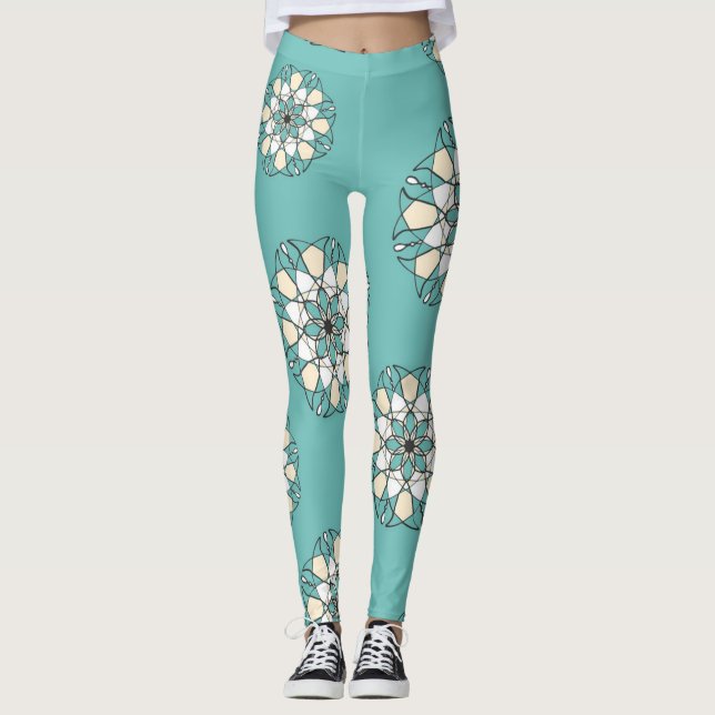 Legging Grande Mulher das Flores Brancas Turquesa Garganta (Frente)