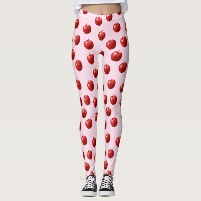 Legging Gravata com Padrão de Aquarela de Maçã Vermelha (Frente)
