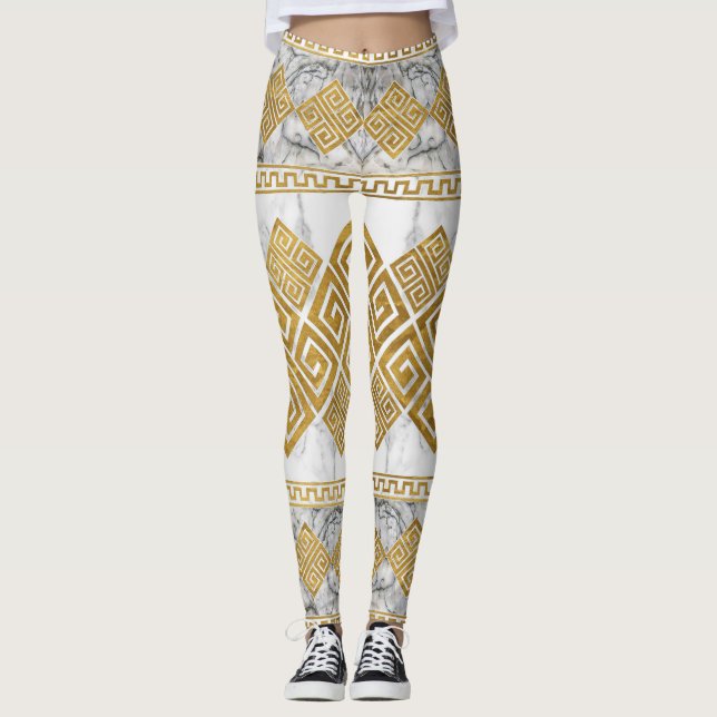 Legging Greek Meander - Greek Key White Marble and Gold (Frente)
