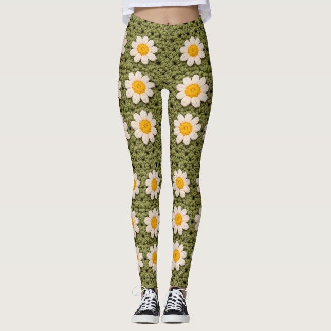 Legging Green Daisy Granny Square Crochet Pattern Floral (Frente)